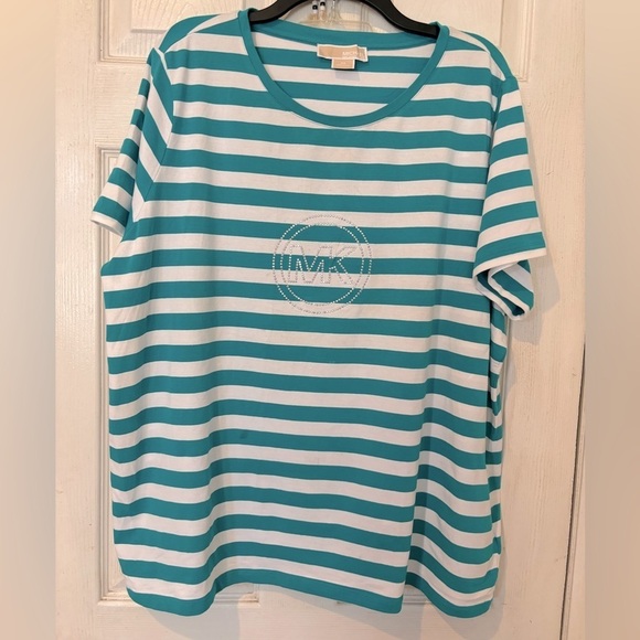 Michael Kors NWOT Striped Tee Shirt With Large MK Silver logo on front. - Picture 1 of 6